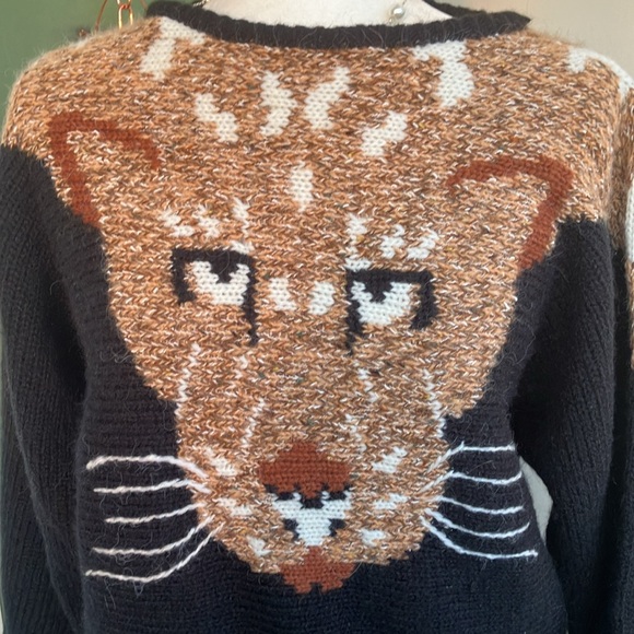 Vintage 80s Funky Novelty Big Cat Face Pullover Sweater - Picture 2 of 6